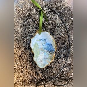 Handcrafted Blue Heron X-Large Oyster Shell Ornament with Gold Accents